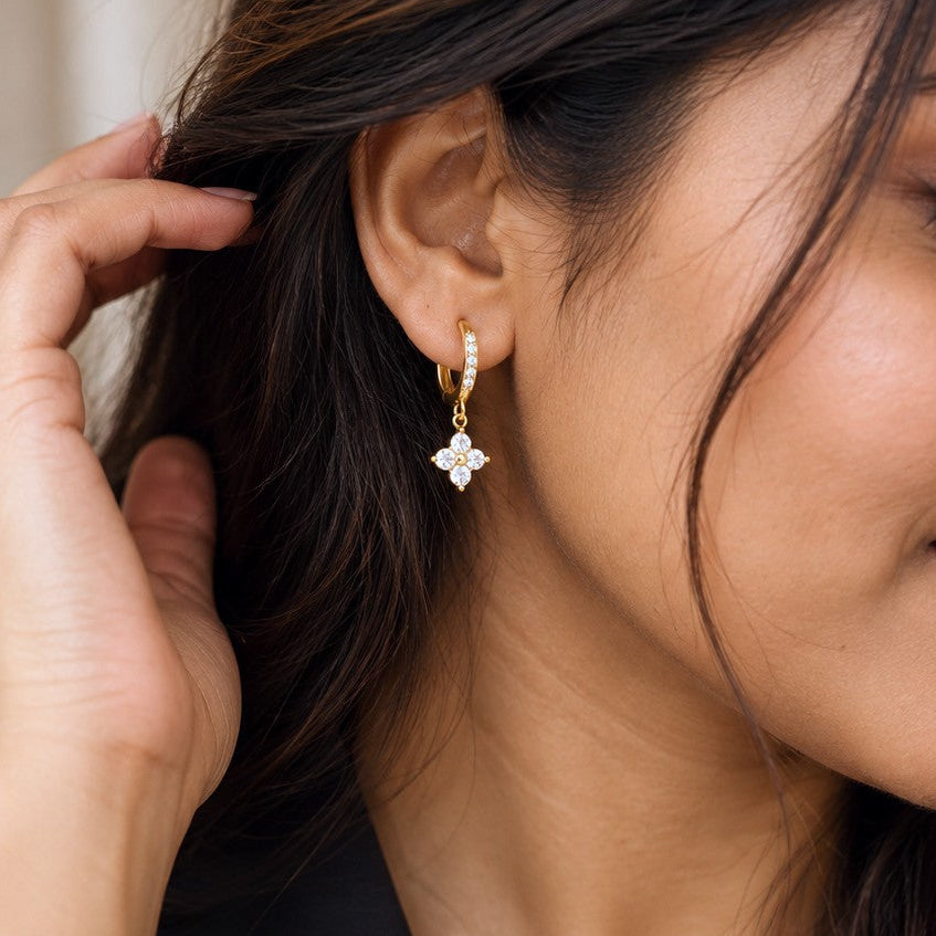 Round CZ Clover Huggies Drop Earrings