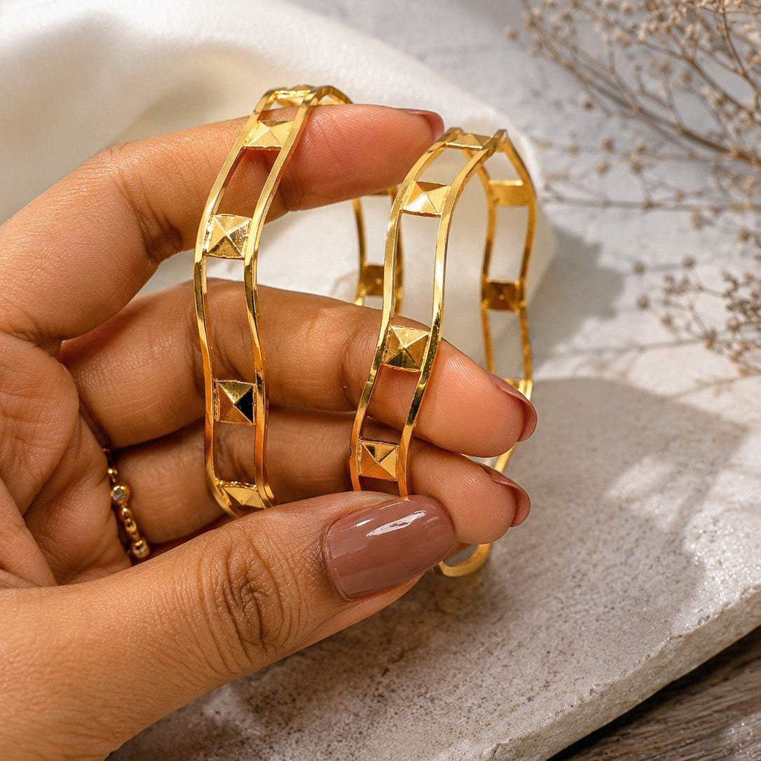 Pyramid Stud Wave Bangle Pair