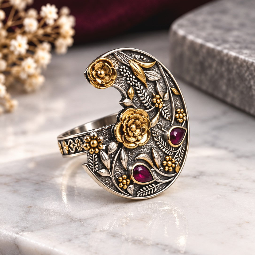 Oxidised Crescent Rose Ring