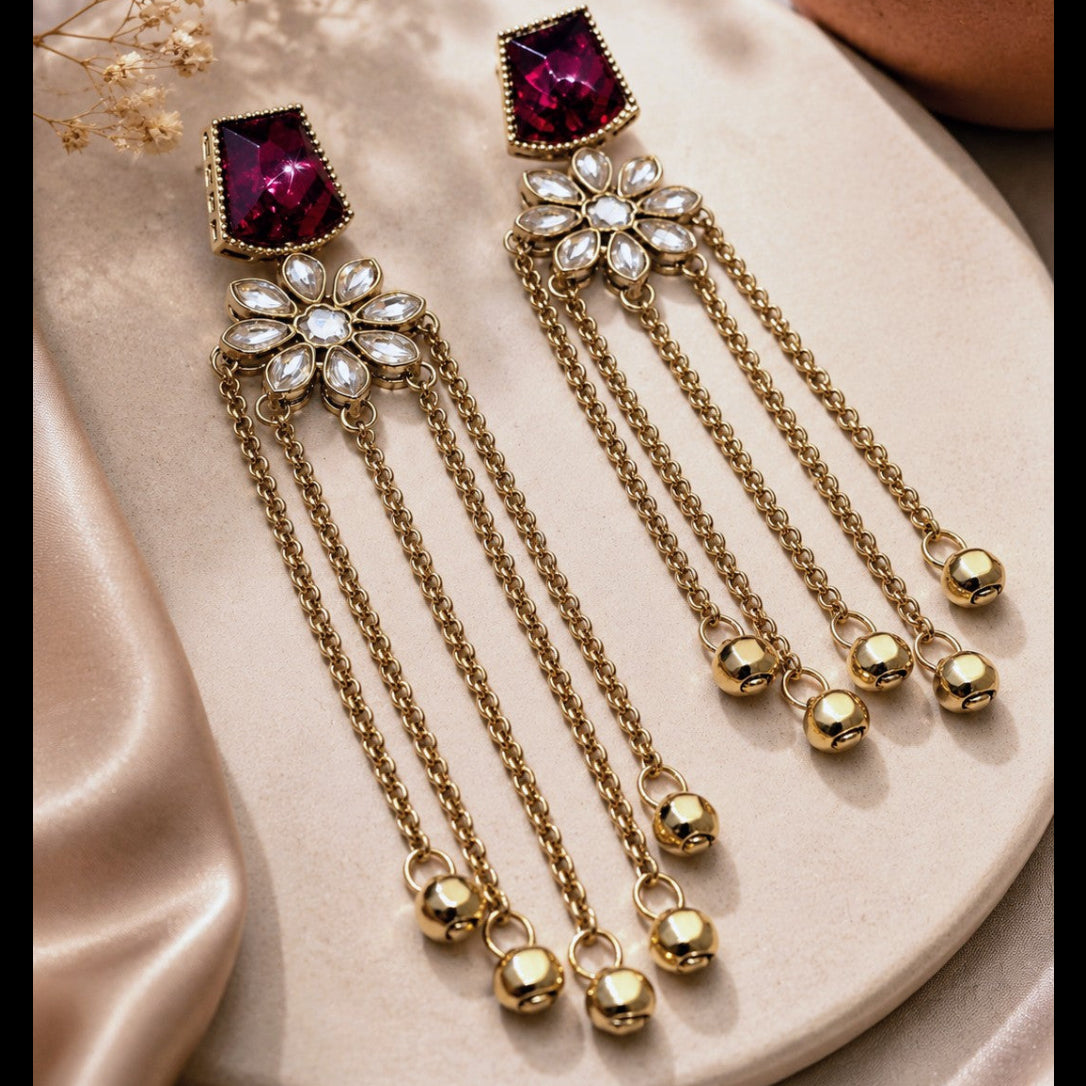 Red Stone Fringe Earrings