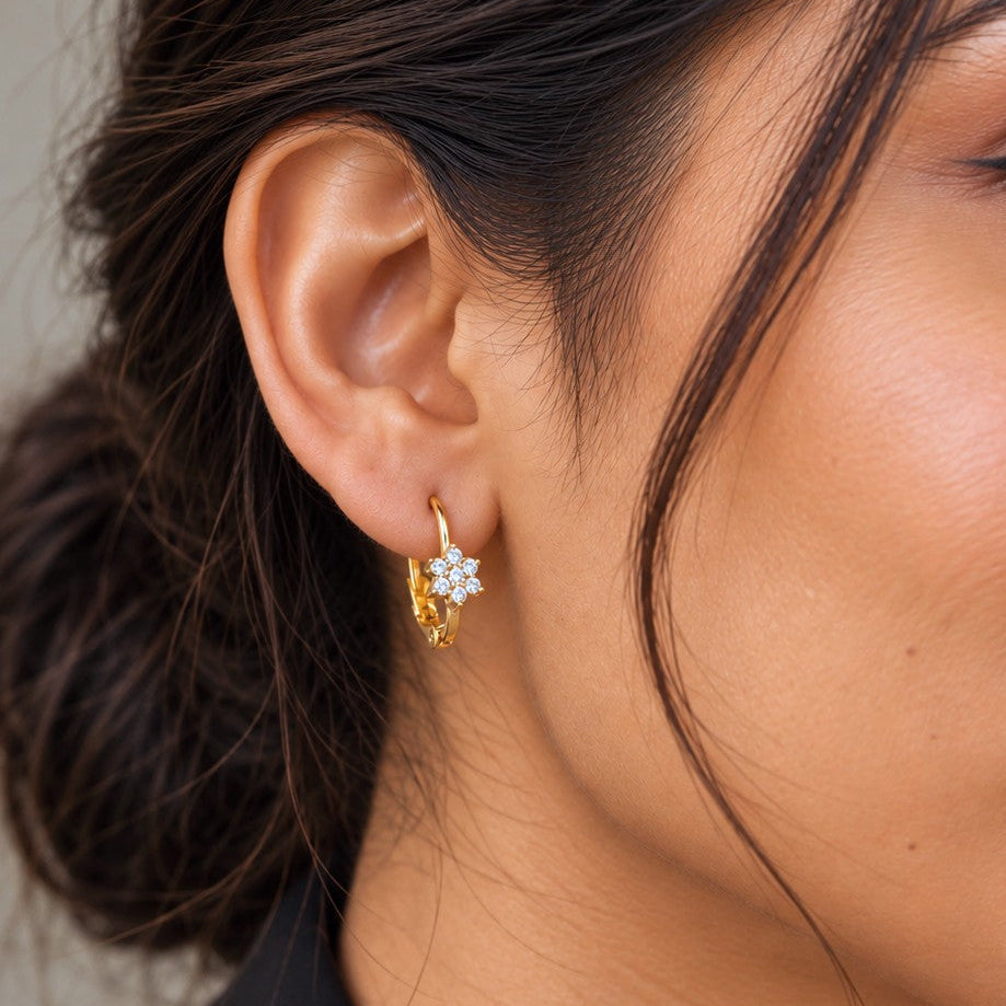 CZ Flower Cluster Leverback Earrings
