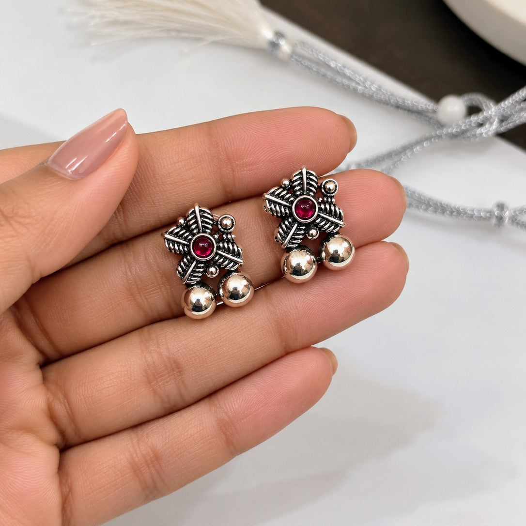 Oxidised Ball Fringe Stone Choker Necklace Set