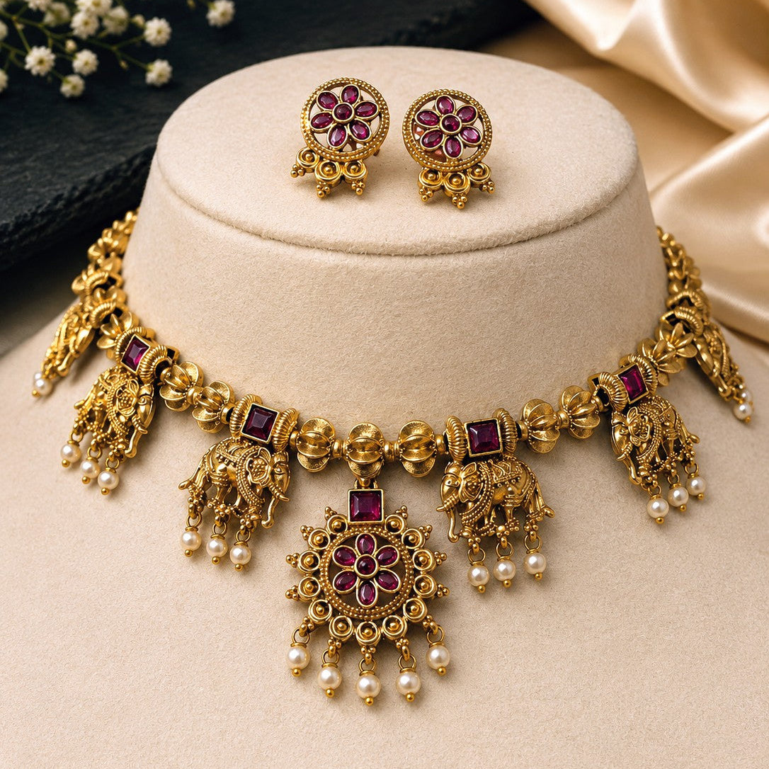Elephant Starburst Pearl Necklace Set